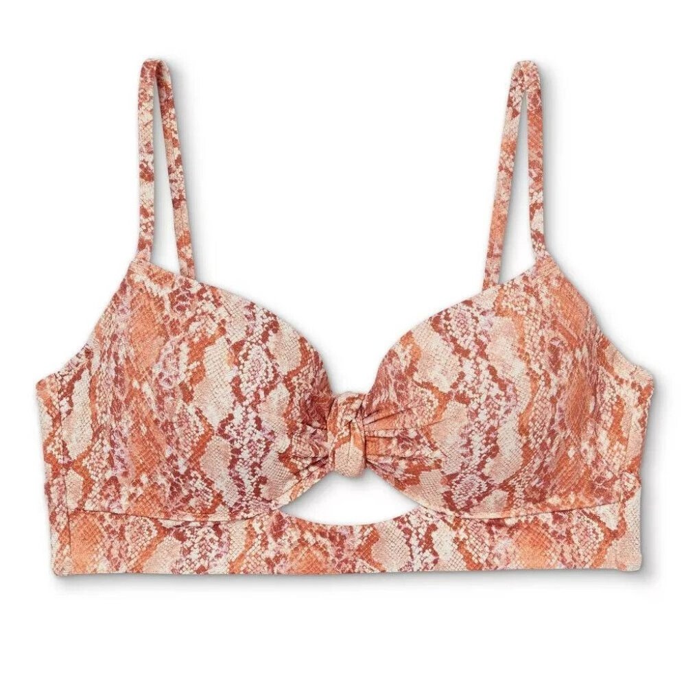 Shade & Shore Women's 34B Longline Knot-Front Cutout Snake Print Bikini Top